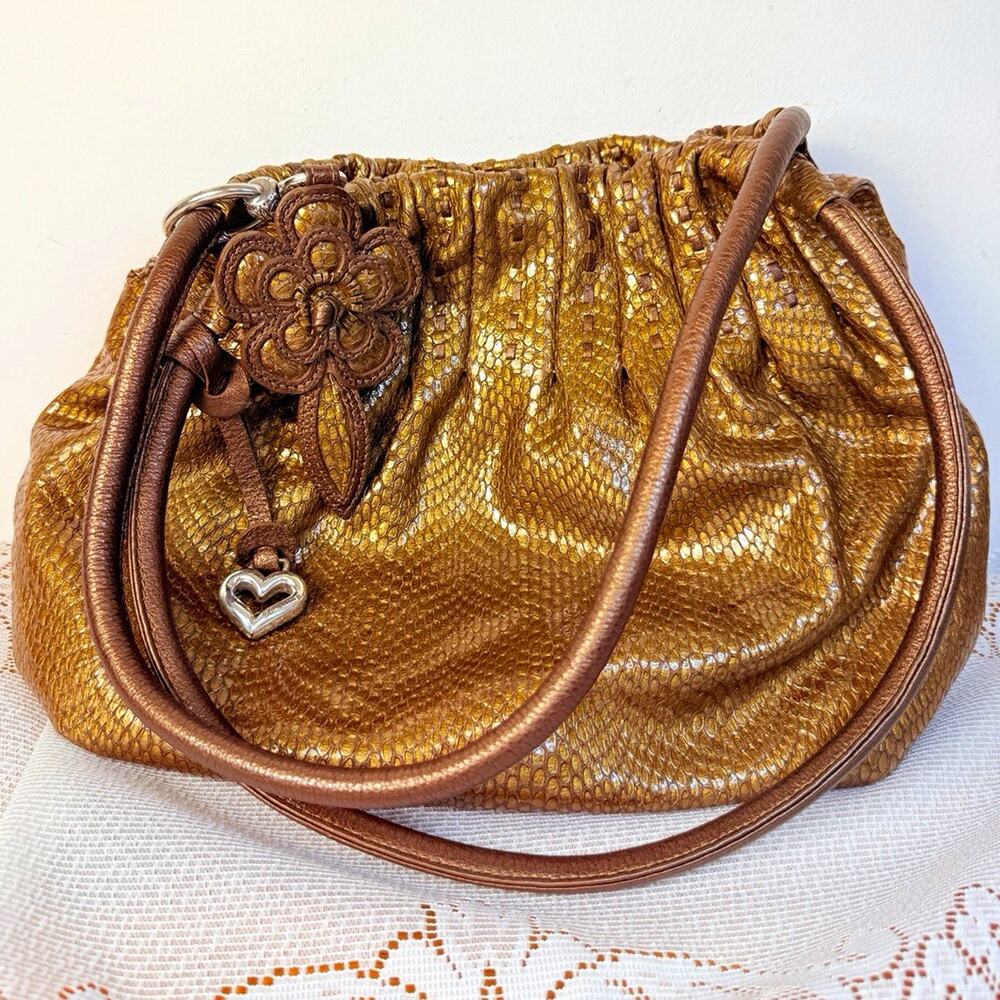 Brighton Brown Metallic Python Print Shoulder Bag Zip Lined Pockets Charm